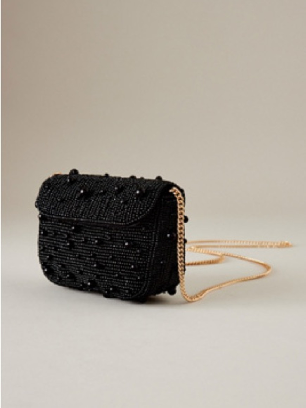 Anthropologie Black Beaded Mini Crossbody with Gold Chain Strap